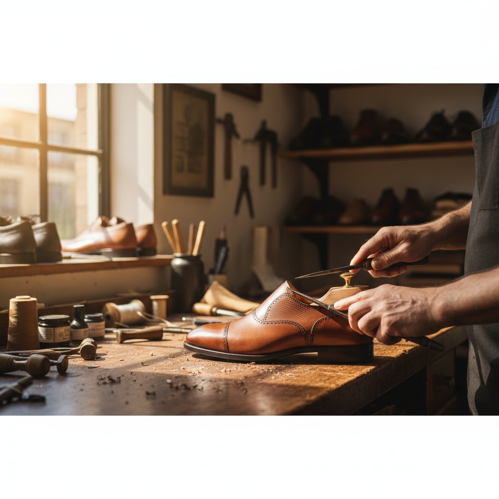 Professional shoe repair workshop in London with specialist tools and restored footwear